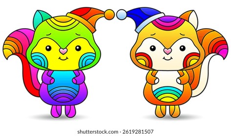A set of stained glass illustrations on the theme of Christmas and New Year with cute toy foxes
