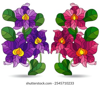 A set of stained glass illustrations with orchid flowers , flowers isolated on a white background