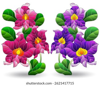 A set of stained glass illustrations with orchid flowers , flowers isolated on a white background