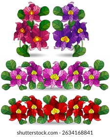 A set of stained glass illustrations with orchid flowers , flowers isolated on a white background