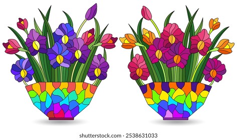 A set of stained glass illustrations with orchids bouquets , dark outlines on a white background
