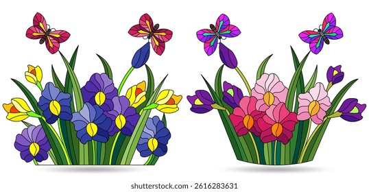 A set of stained glass illustrations with orchids bouquets and butterflies, dark outlines on a white background