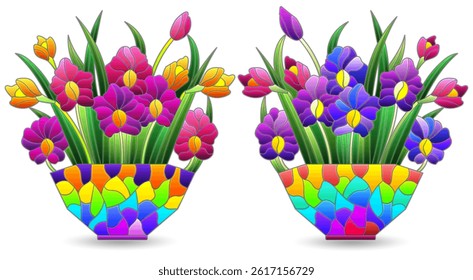 A set of stained glass illustrations with orchids bouquets , dark outlines on a white background