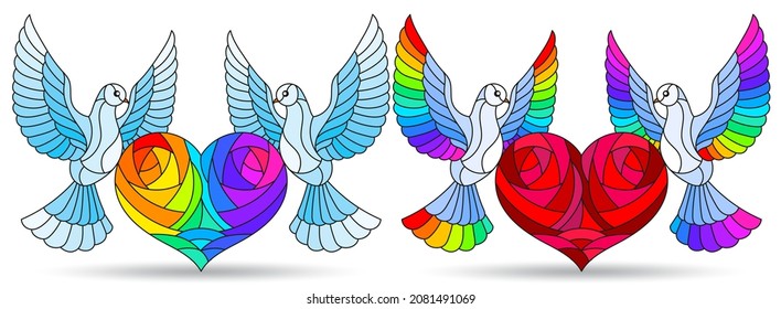 A set of stained glass illustrations with pigeons and hearts, animals isolated on a white background