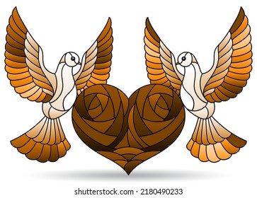 A set of stained glass illustrations with pigeons and hearts, animals isolated on a white background, tone brown