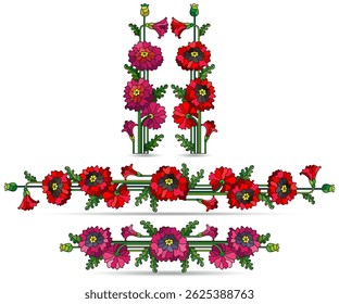 A set of stained glass illustrations with poppy flowers, flowers isolated on a white background