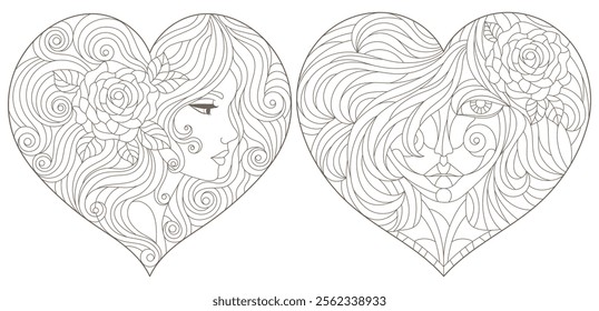 A set of stained glass illustrations with portraits of girls, dark outlines on a white background