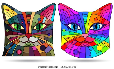 A set of stained glass illustrations with portraits of cats, animals isolated on a white background