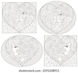 A set of stained glass illustrations with portraits of girls, dark outlines on a white background