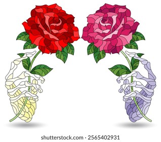 A set of stained glass illustrations with skeleton hands and roses, isolated on a white background