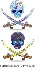 A set of stained glass illustrations with skulls and daggers, compositions isolated on a white background