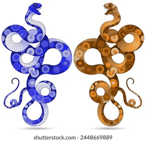 A set of stained glass illustrations with a snakes, animals isolated on a white background, tone blue and brown