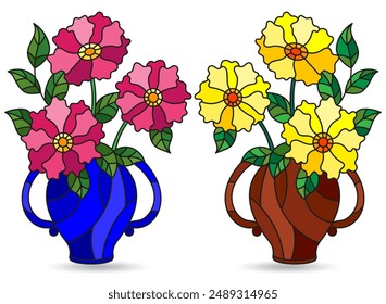 A set of stained glass illustrations with still lifes, vases with flowers and fruits isolated on a white background