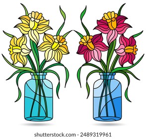 A set of stained glass illustrations with still lifes, vases with flowers  isolated on a white background