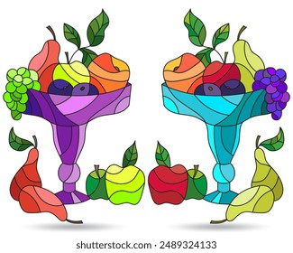 A set of stained glass illustrations with still lifes, vases with fruits and berries isolated on a white background