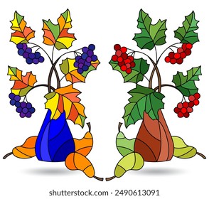 A set of stained glass illustrations with still lifes, vases with branches and fruits isolated on a white background