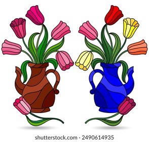 A set of stained glass illustrations with still lifes, vases with flowers and fruits isolated on a white background