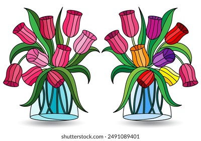 A set of stained glass illustrations with still lifes, vases with tulip flowers isolated on a white background