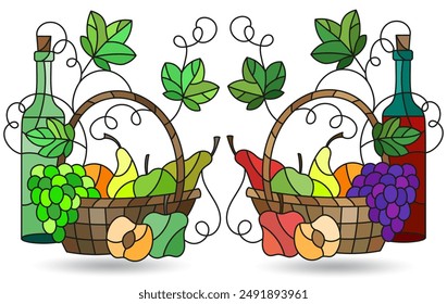 A set of stained glass illustrations with still lifes, fruit baskets isolated on a white background