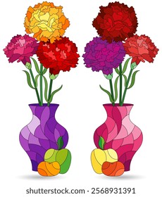 A set of stained glass illustrations with still lifes, carnation flowers and fruits isolated on a white background