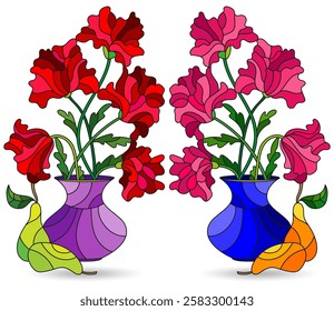 A set of stained glass illustrations with still lifes, flowers and fruits isolated on a white background