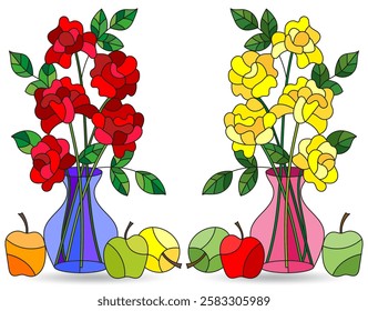 A set of stained glass illustrations with still lifes, flowers and fruits isolated on a white background