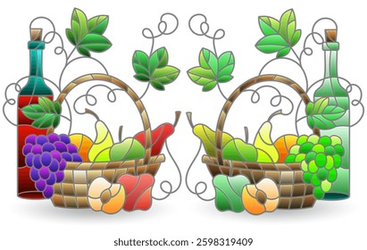 A set of stained glass illustrations with still lifes, fruit baskets isolated on a white background