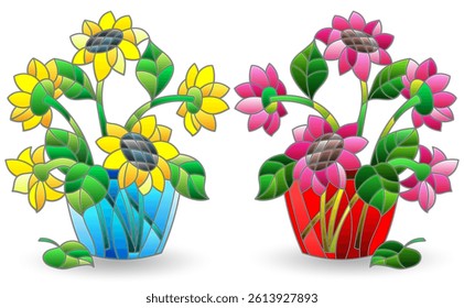 A set of stained glass illustrations with still lifes, vases with flowers isolated on a white background