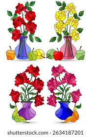 A set of stained glass illustrations with still lifes, flowers and fruits isolated on a white background