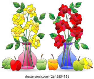 A set of stained glass illustrations with still lifes, flowers and fruits isolated on a white background