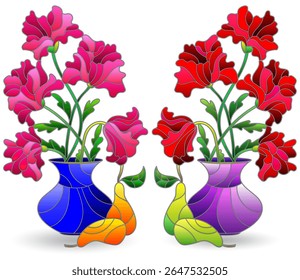 A set of stained glass illustrations with still lifes, flowers and fruits isolated on a white background