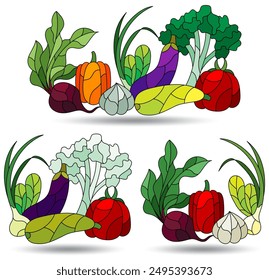 A set of stained glass illustrations with vegetable compositions, vegetables isolated on a white background