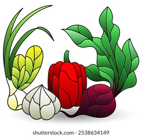 A set of stained glass illustrations with vegetable compositions, vegetables isolated on a white background