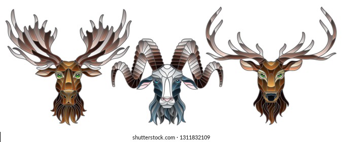 A set of stained glass items, stained glass with animal heads, a deer,  a elk and a RAM, isolates on white background