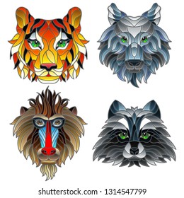 A set of stained glass items, stained glass with animal heads, a wolf, a tiger, a monkey and a raccoon, isolates on white background