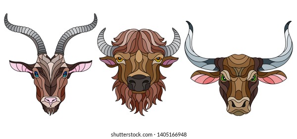 A set of stained glass items, stained glass with animal heads, a goat,  a bison and a bull, isolates on white background