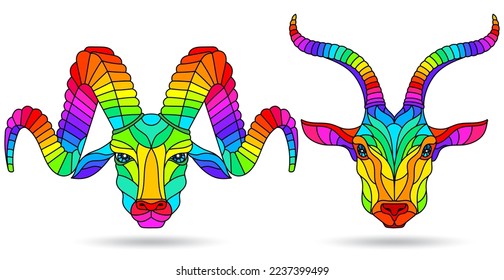 A set of stained glass items, stained glass with animal heads, a ram and a goat , isolates on white background