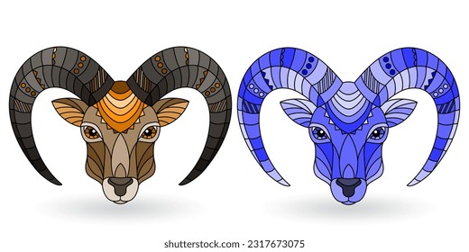 A set of stained glass items, stained glass with a rum heads,isolates on white background, tone blue and brown