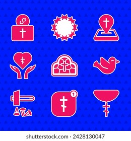 Set Stained glass, Online church pastor preaching, Christian cross on chain, Dove, Crucifixion of Jesus, Religious heart, Location building and Donation for icon. Vector