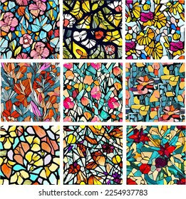 Conjunto de patrones de vidrio manchado con flores y hojas. Fondos vectoriales coloridos.