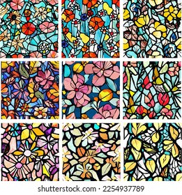 Set of stained glass patterns with flowers and leaves. Colorful vector backgrounds.