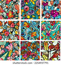 Set of stained glass patterns with flowers and leaves. Colorful vector backgrounds.