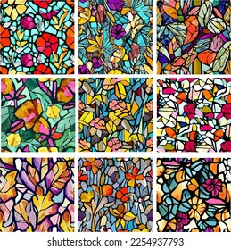 Set of stained glass patterns with flowers and leaves. Colorful vector backgrounds.