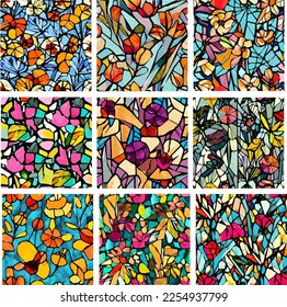 Set of stained glass patterns with flowers and leaves. Colorful vector backgrounds.