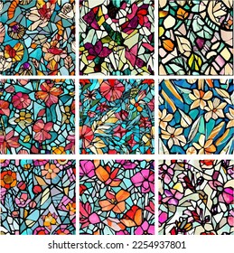 Set of stained glass patterns with flowers and leaves. Colorful vector backgrounds.