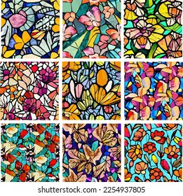 Conjunto de patrones de vidrio manchado con flores y hojas. Fondos vectoriales coloridos.