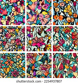 Set of stained glass patterns with flowers and leaves. Colorful vector backgrounds.