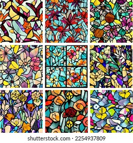 Set of stained glass patterns with flowers and leaves. Colorful vector backgrounds.