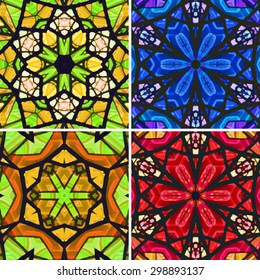 Set of stained glass patterns. Four seamless symmetrical background templates.  Multicolored vivid design element. Bright and beautiful kaleidoscopic texture for design uses