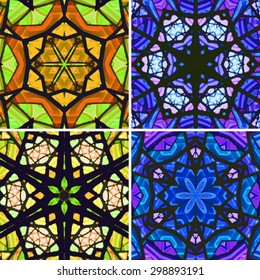 Set of stained glass patterns. Four seamless symmetrical background templates.  Multicolored vivid design element. Bright and beautiful kaleidoscopic texture for design uses